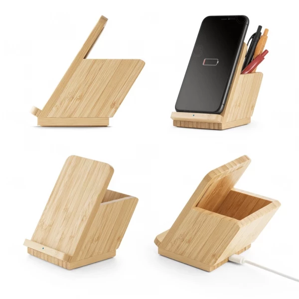 Base Carregador Wireless em Bambu com Porta Canetas Personalizado 