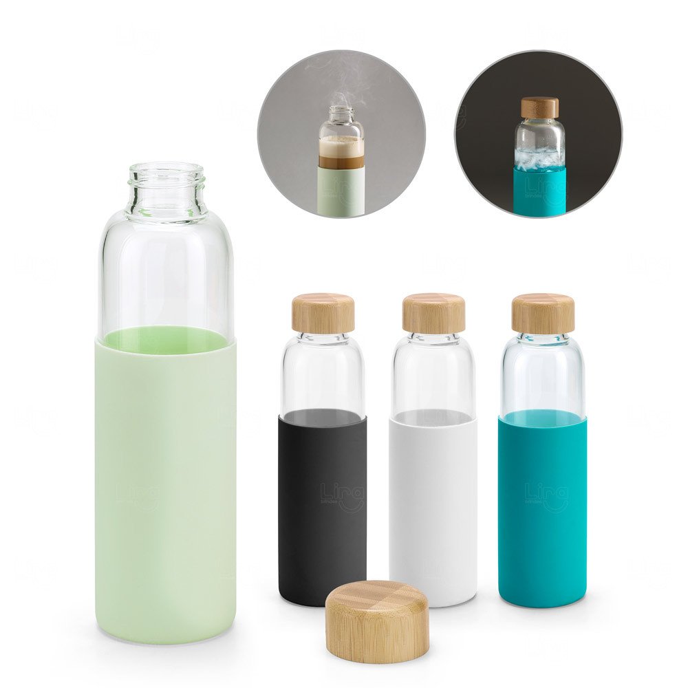 Garrafa de Vidro 600ml com Tampa de Bambu Personalizada 