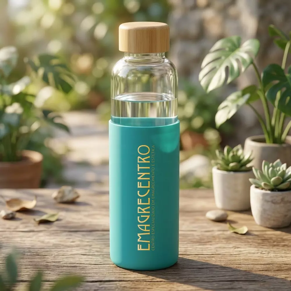 Garrafa de Vidro 600ml com Tampa de Bambu Personalizada 