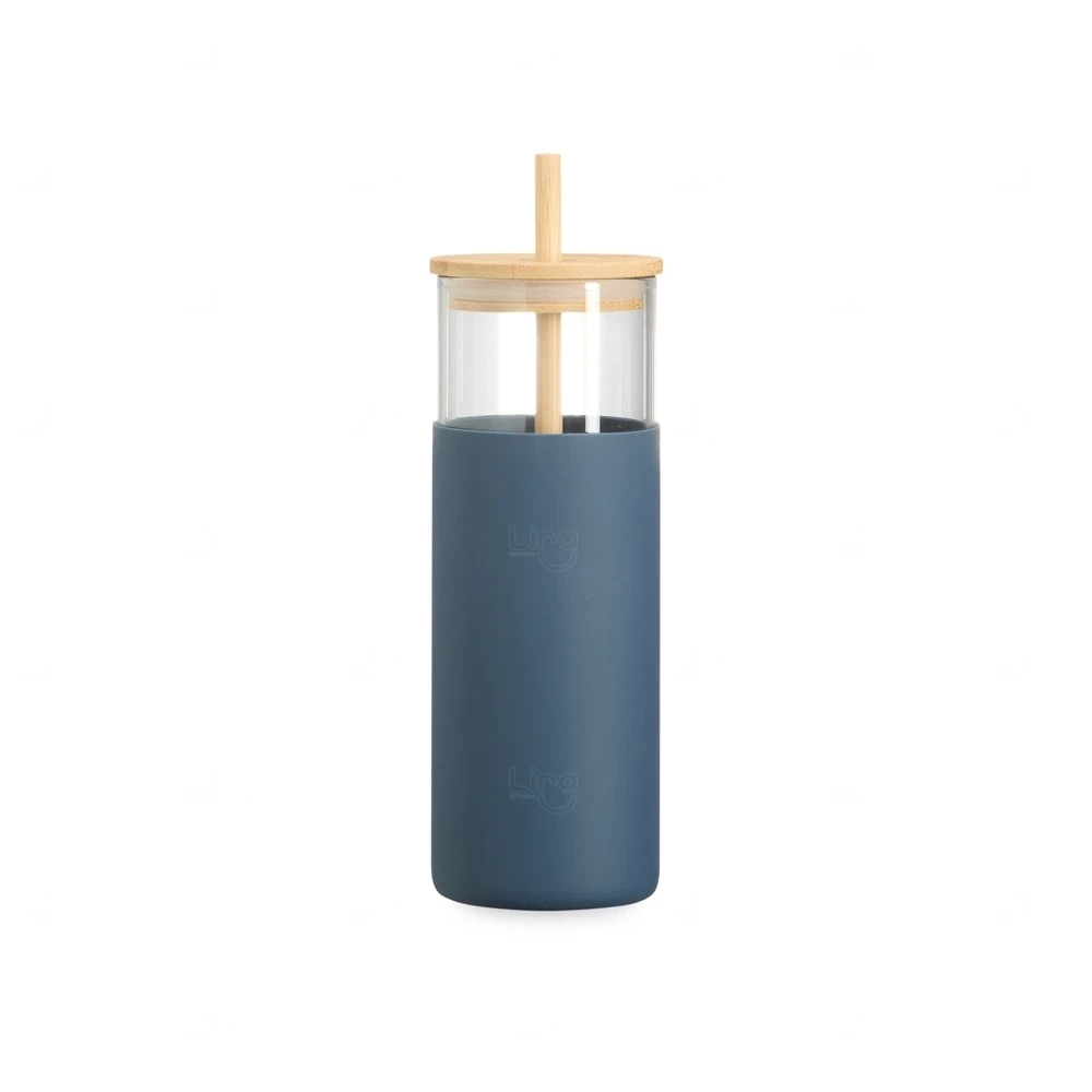Copo de Vidro 500ml com Canudo Personalizado Azul