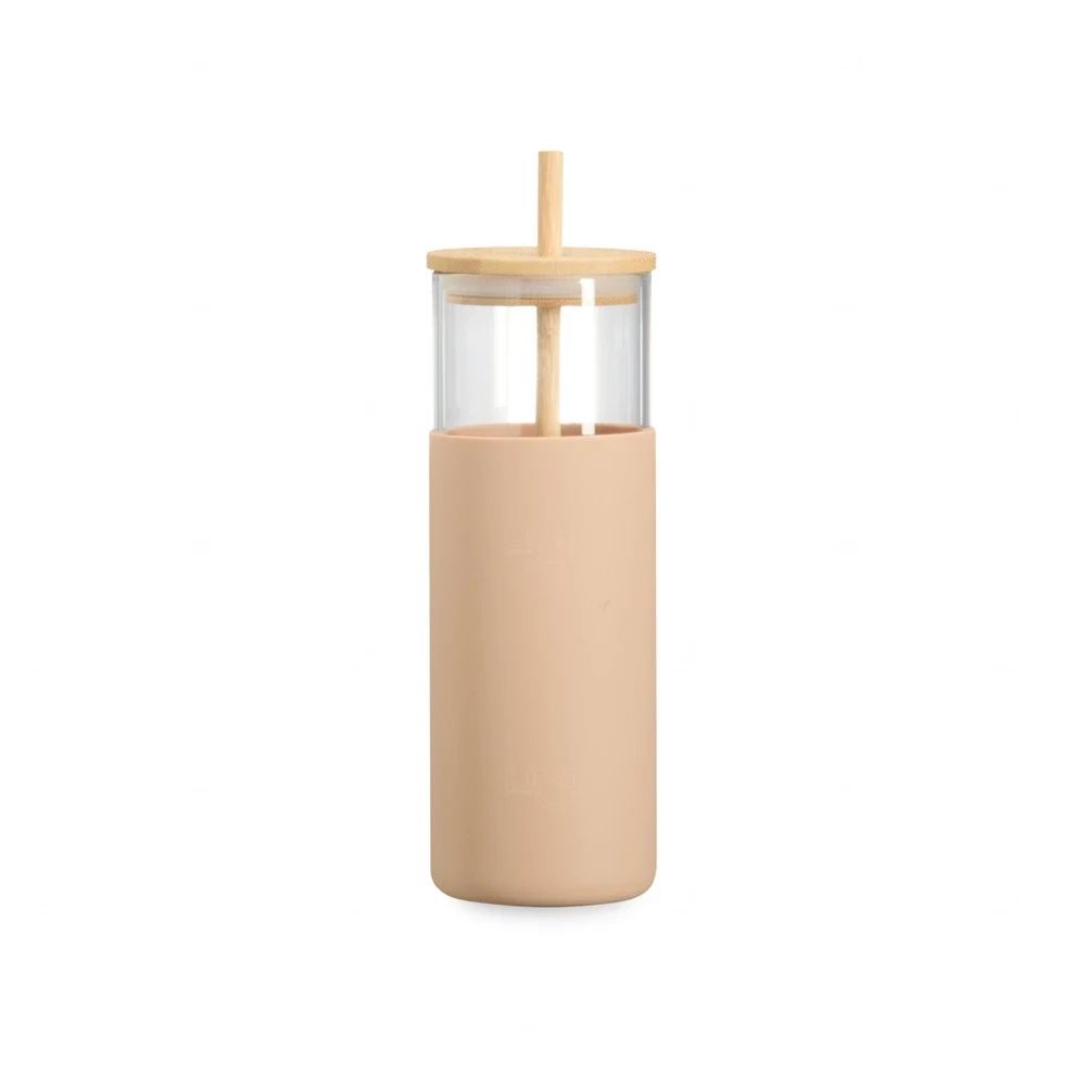 Copo de Vidro 500ml com Canudo Personalizado Bege