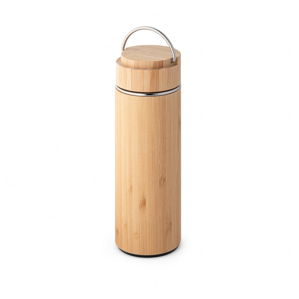 Garrafa Térmica 440ml Inox e Bambu com Infusor Personalizada Natural