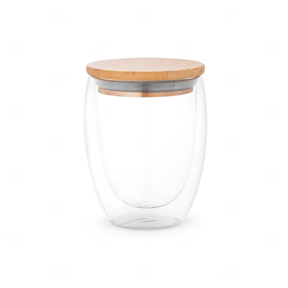 Copo de Vidro Isotérmico com Tampa de Bambu Personalizado - 350ml Transparente
