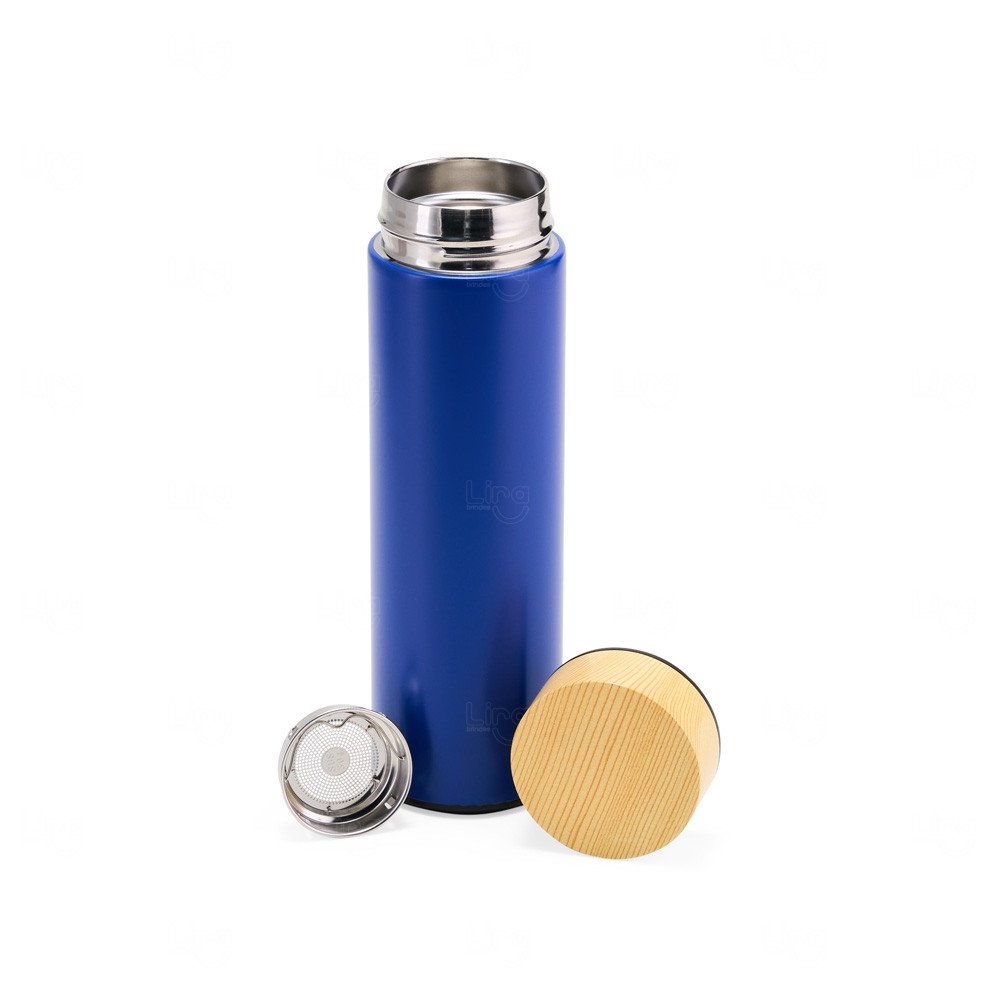 Garrafa Térmica 450ml Infusor e Tampa de Madeira - Personalizada Azul