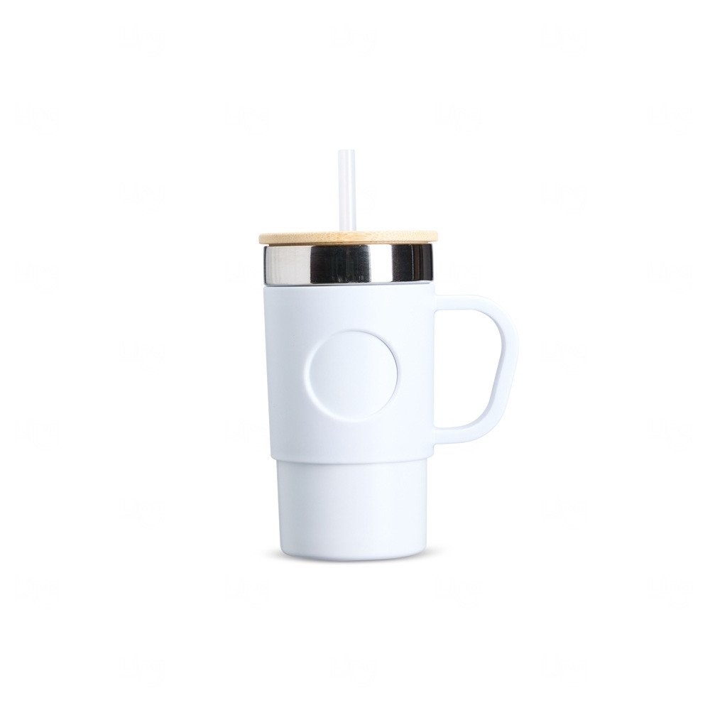Caneca Térmica Aço Inox com Tampa de Bambu Personlizada - 400ml Branco