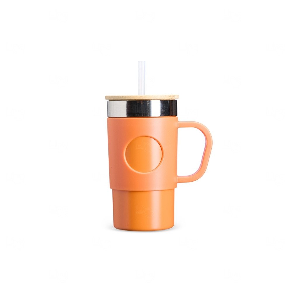 Caneca Térmica Aço Inox com Tampa de Bambu Personlizada - 400ml Laranja